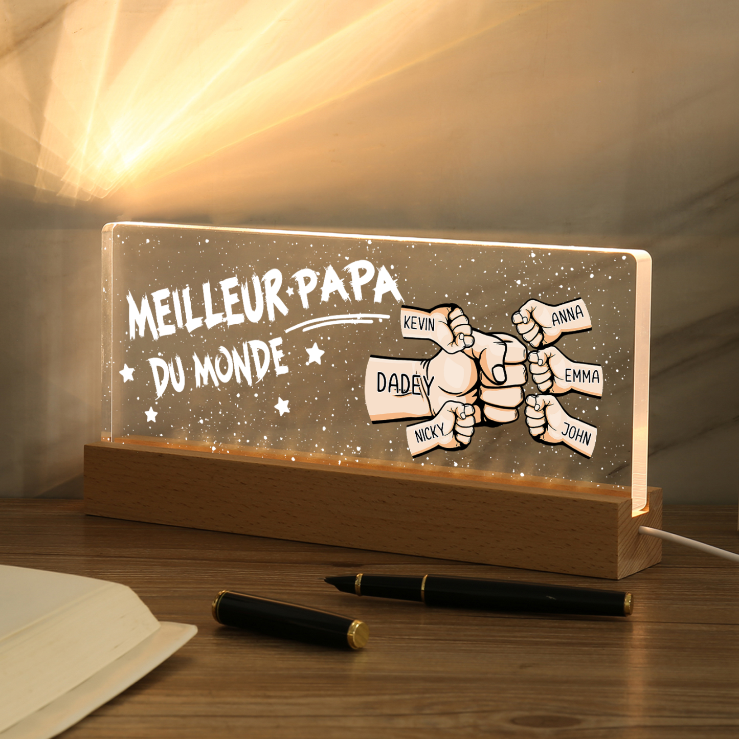 À mon Papa- Lampe de chevet LED Poings 6 Prénoms Personnalisés