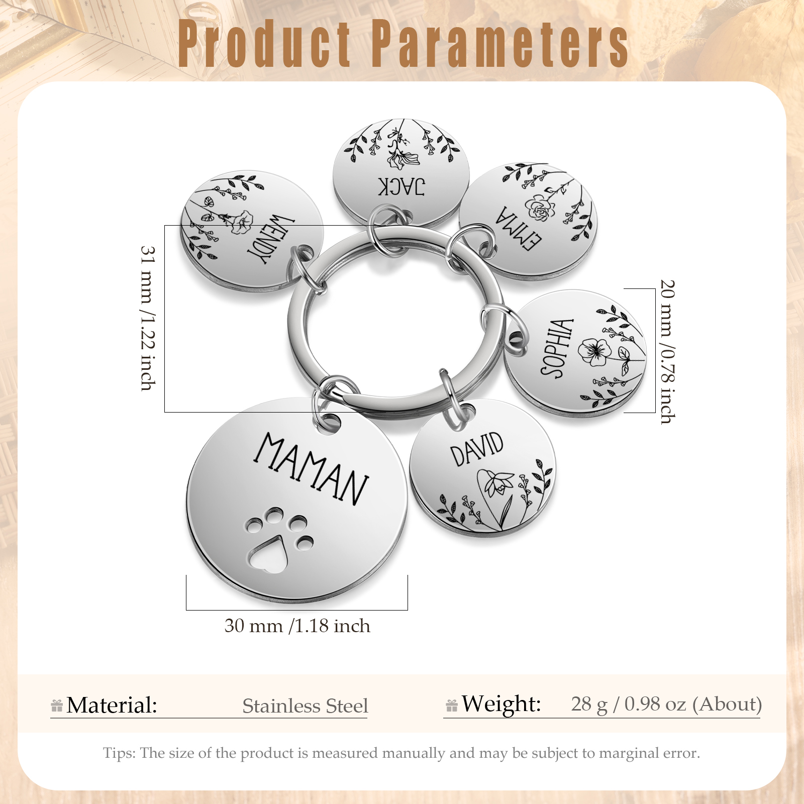 Porte-Clés patte 5 Prénoms et 1 Texte Personnalisés avec Fleur de Naissance