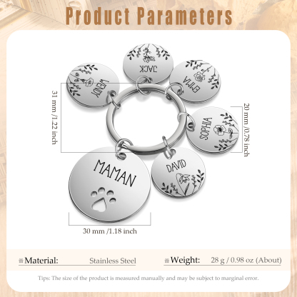 Porte-Clés patte 5 Prénoms et 1 Texte Personnalisés avec Fleur de Naissance