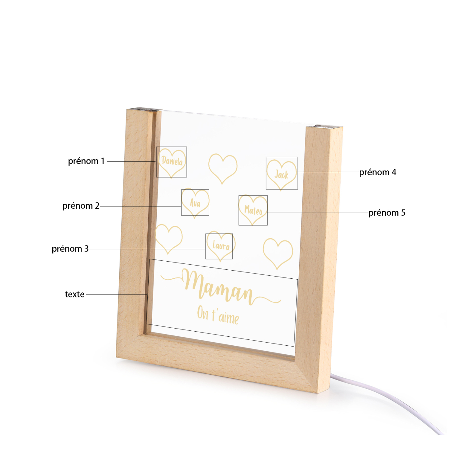 À Maman/Mamie - Lampe de chevet LED Cœurs 5 Prénoms Personnalisés avec 1 Texte