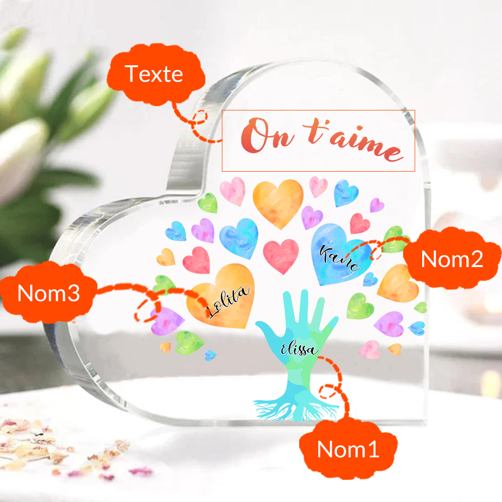 Plaque Acrylique en Forme de Cœur 3 Prénoms Personnalisés avec Texte pour Famille
