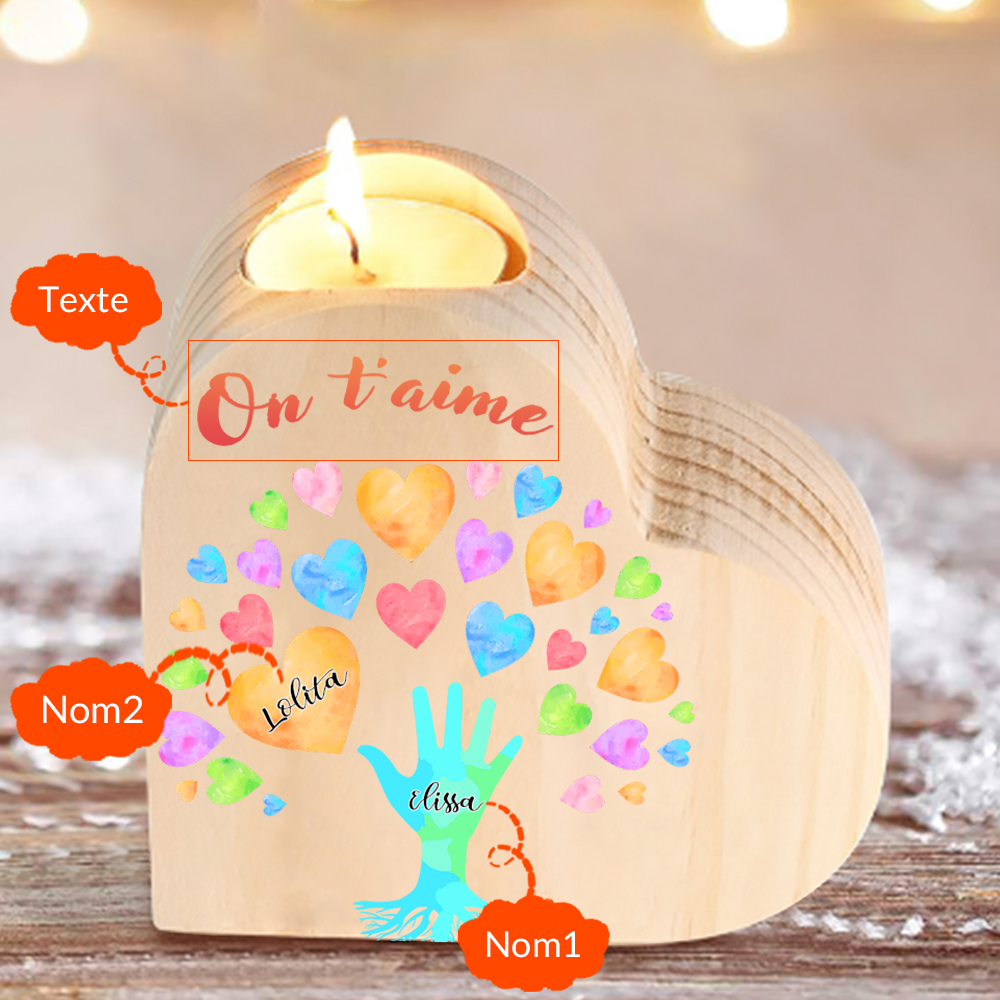 Bougeoir en Bois 2 Prénoms Personnalisés avec Texte sans bougie pour Famille