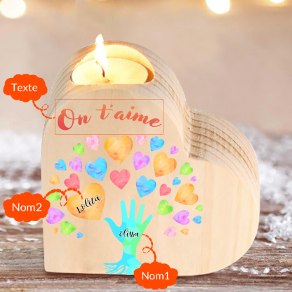 Bougeoir en Bois 2 Prénoms Personnalisés avec Texte sans bougie pour Famille