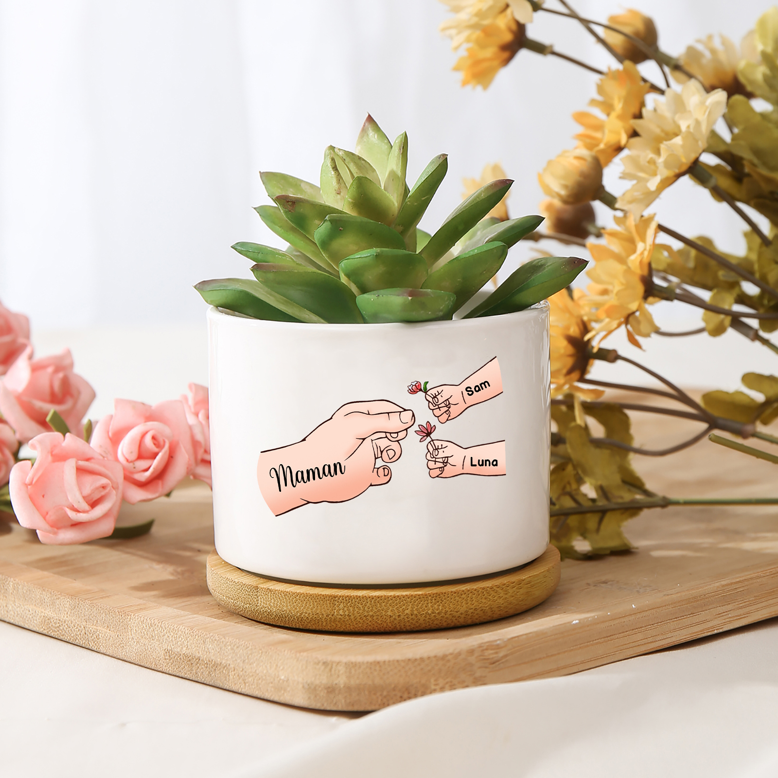 Vase/Pot de Fleurs mains et enfants 3 Prénoms Personnalisés Décoration de la Maison (sans plantes)