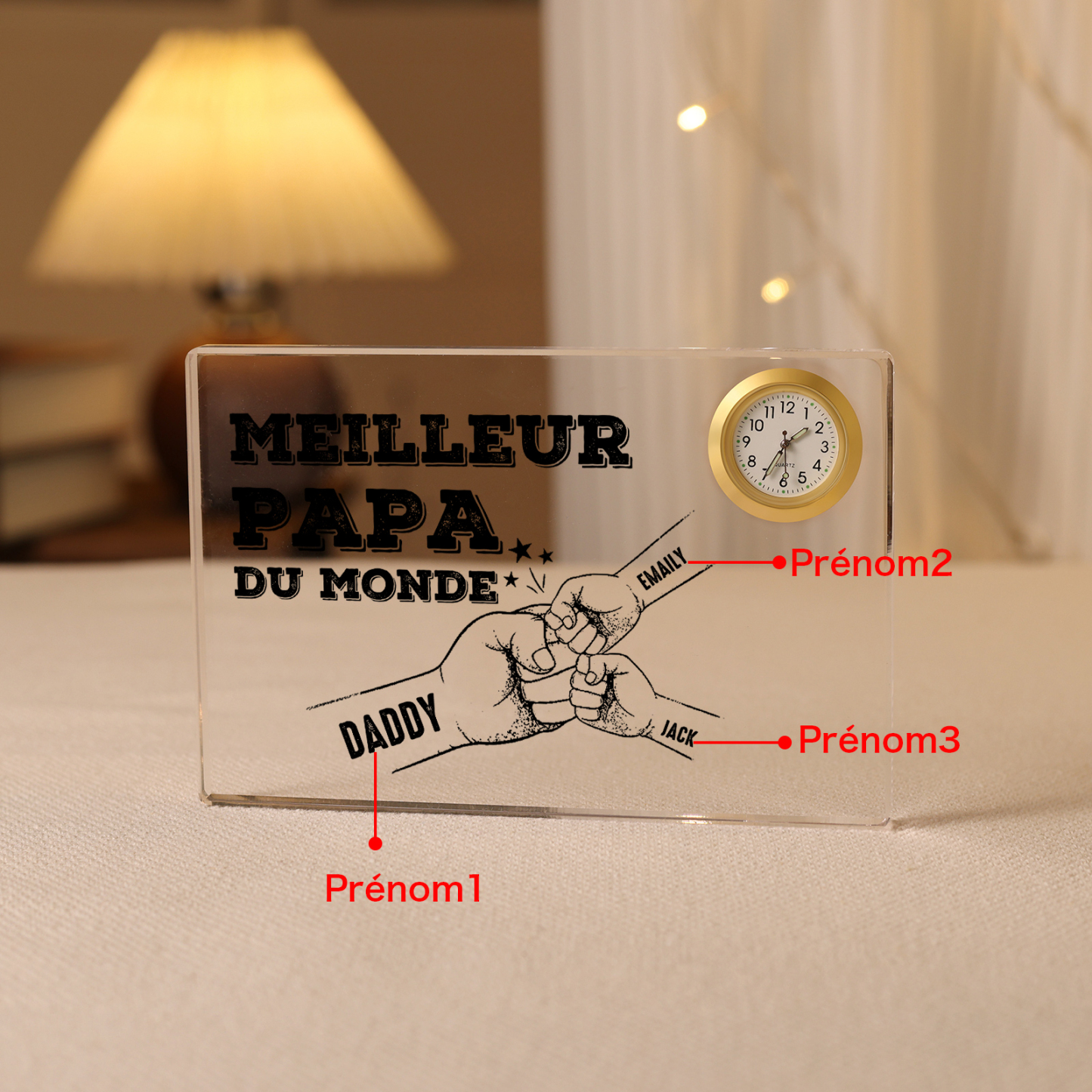 À mon Papa - Plaque Acrylique rectangle avec Horloge Poings 3 Prénoms Personnalisés