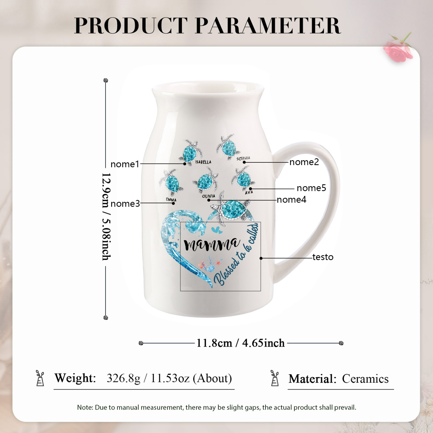 Vase à Fleurs Tortue de Mer 5 Prénoms Personnalisés avec 1 Texte Décoration de la Maison