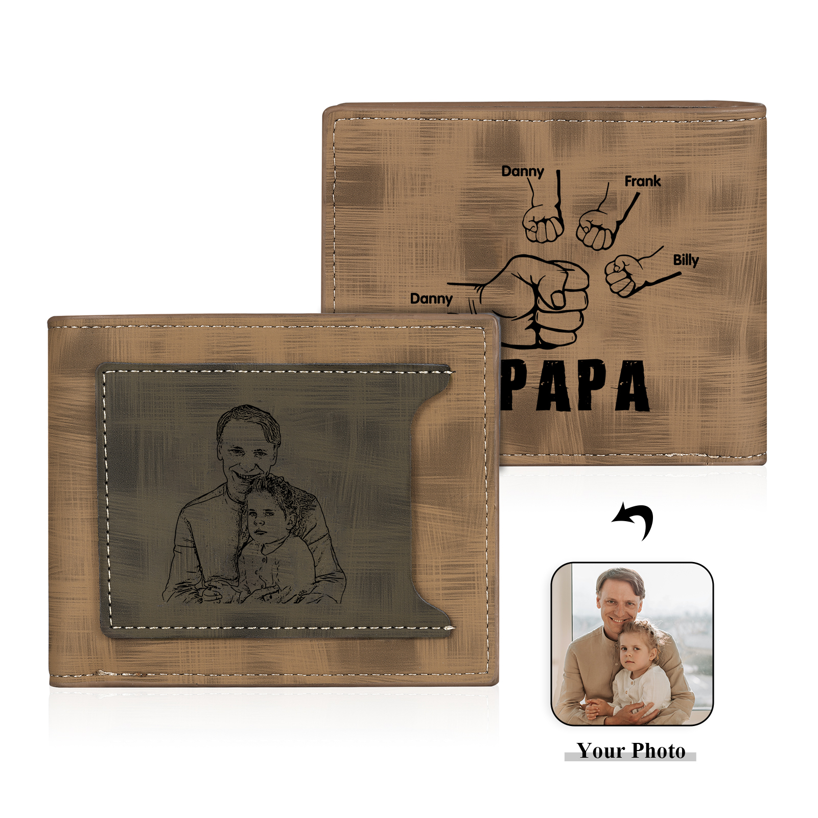 À mon Papa - Portefeuille Poings 4 Prénoms Personnalisés avec Photo Classique Homme Porte-Monnaie Carte