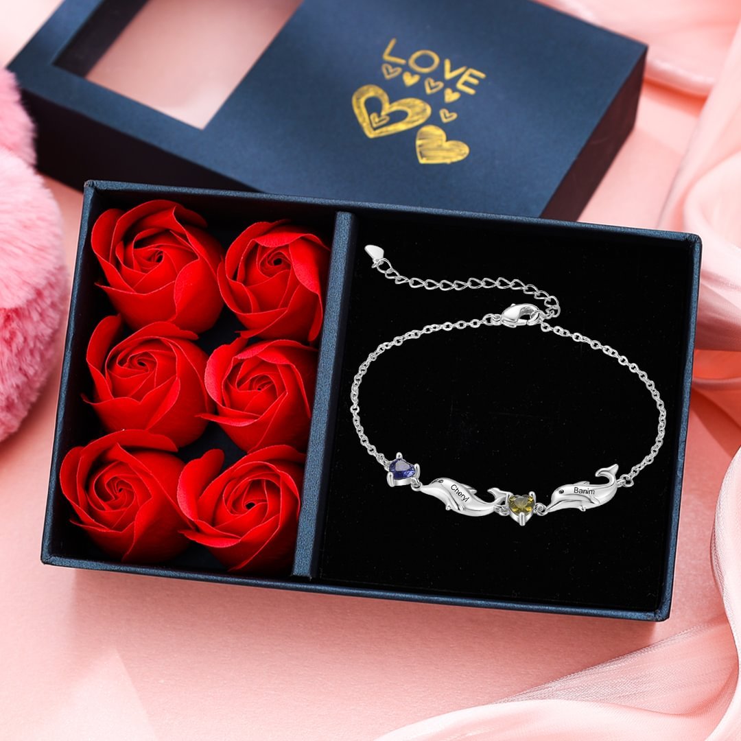 Bracelet dauphin 2 Prénoms Personnalisé avec 2 Pierres de Naissance