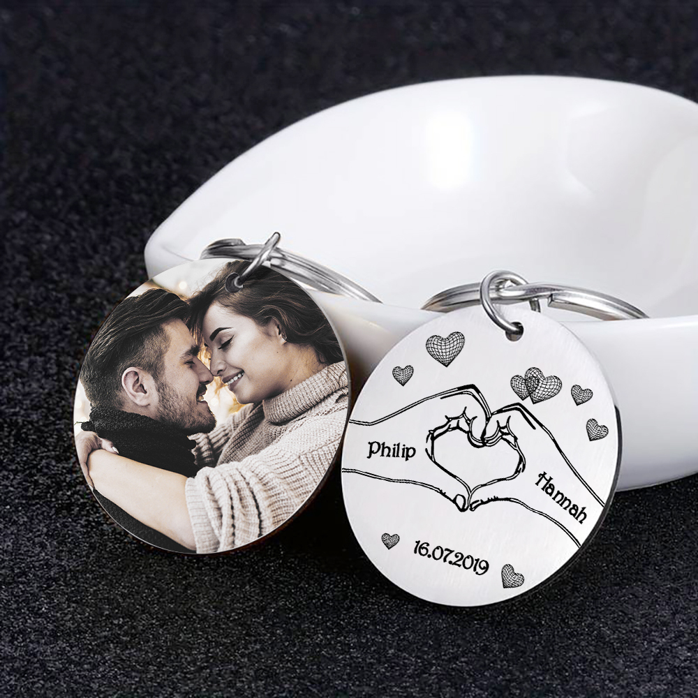 Porte-Clés 2 Prénoms et 1 Photo Personnalisés avec Date pour Couple