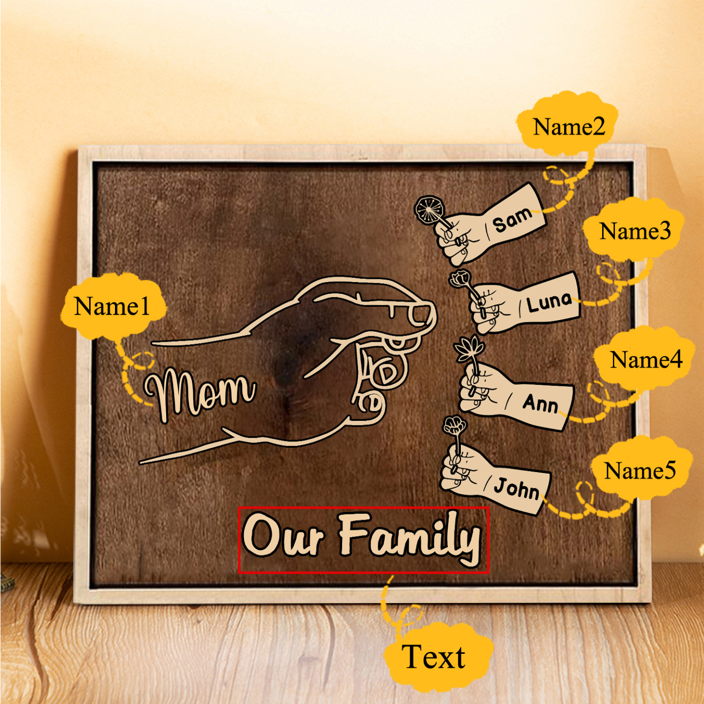 À Maman/Mamie - Cadre en Bois Main et Enfants 5 Prénoms Personnalisés avec Texte Cadeau pour Famille