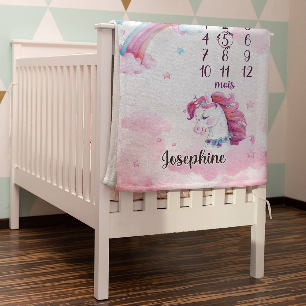 Couverture Plaids Polaire mensuelle Licorne 1 Prénom et Mois Personnalisés pour Bébé cadeau personnalise bebe 1 an | Jessemade