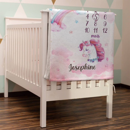 Couverture Plaids Polaire mensuelle Licorne 1 Prénom et Mois Personnalisés pour Bébé cadeau personnalise bebe 1 an | Jessemade