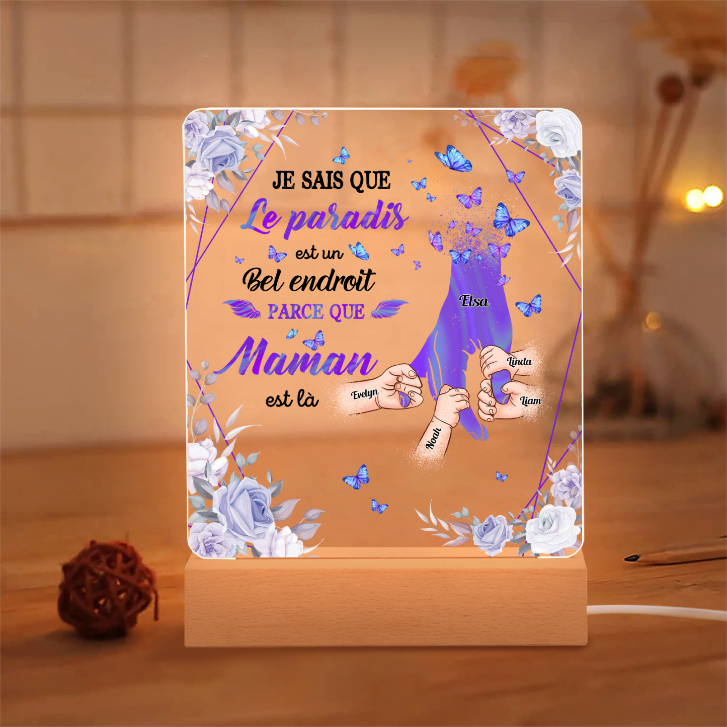 À Maman/Papa - Lampe de chevet LED Commémorative 5 Prénoms Personnalisés avec 1 Texte Lampe de chevet la main dans la main