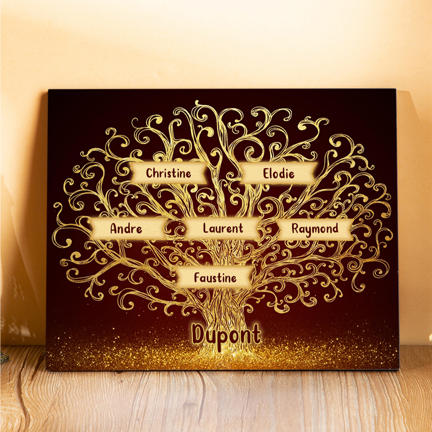 Cadre en Bois Arbre 6 Prénoms Personnalisés avec Texte Cadeau pour Famille