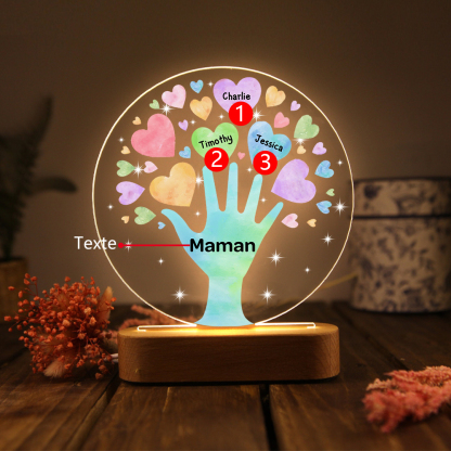 À Maman/Mamie - Lampe de chevet LED Lumières Cœur 3 Prénoms Personnalisés avec 1 Texte pour Famille