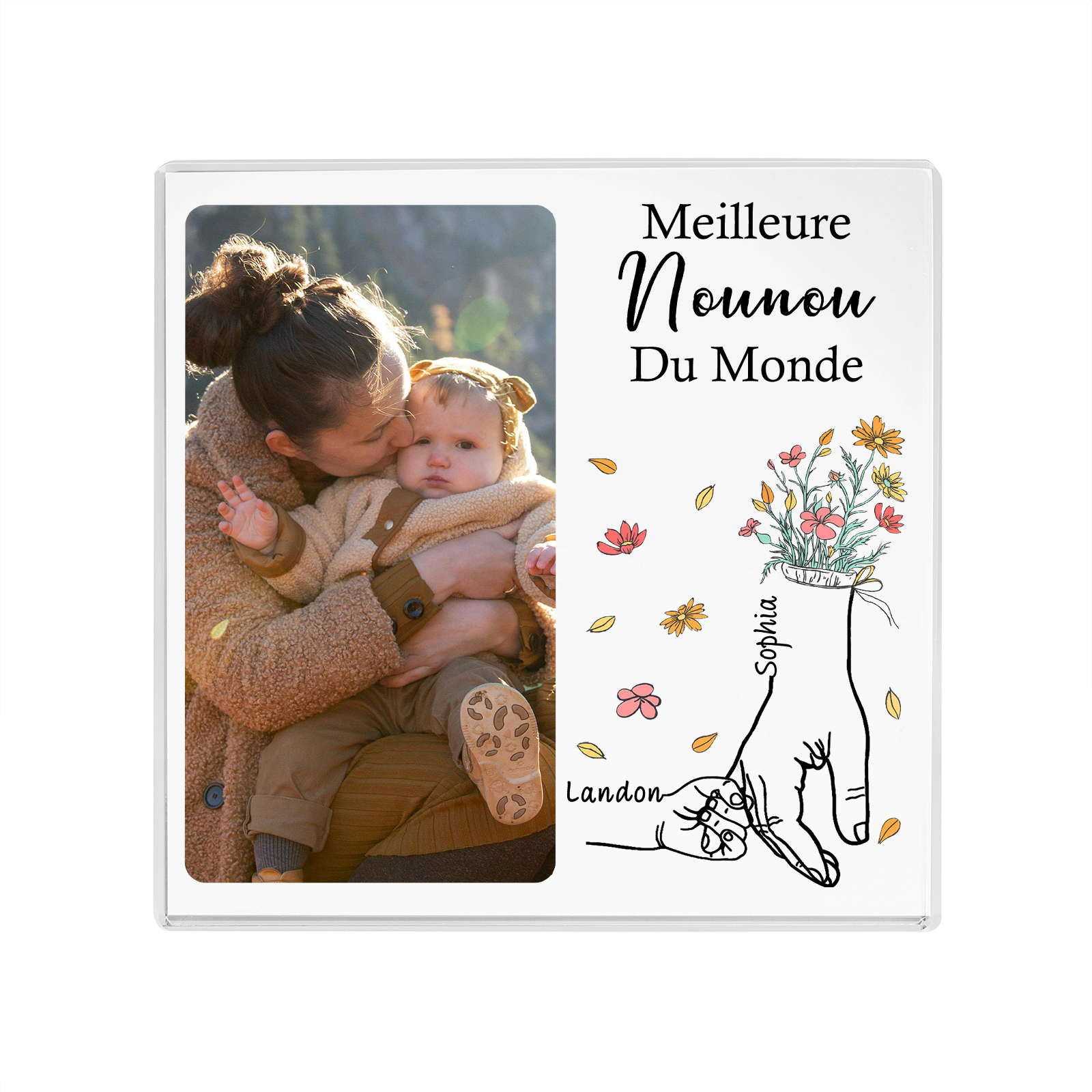 À ma Nounou - Plaque Acrylique Carrée la Main dans la Main 2 Prénoms Personnalisés avec Photo