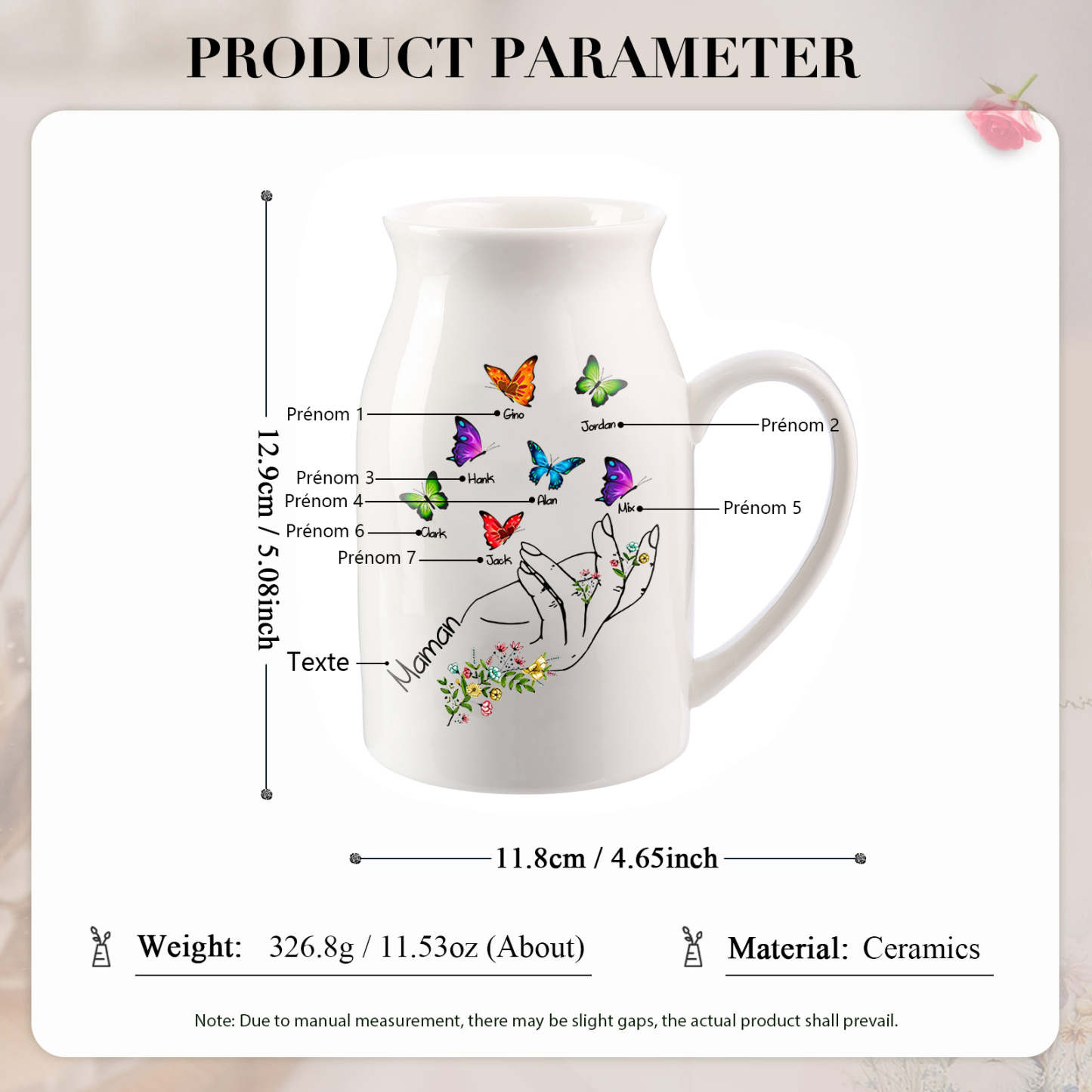 Vase à Fleurs Mains et Papillons 7 Prénoms Personnalisés avec Texte Décoration de la Maison