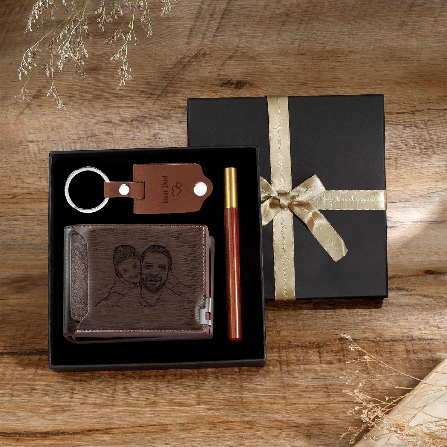 Coffret Cadeau 3PCS - Portefeuille classique Porte-Clés et Stylo 3 Textes Personnalisés avec 2 Photos Coffret Cadeau pour Homme