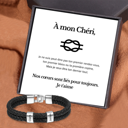 À Mon Chéri - Bracelet Cuir tressé 2 Perles Prénom Personnalisé Bracelet Homme