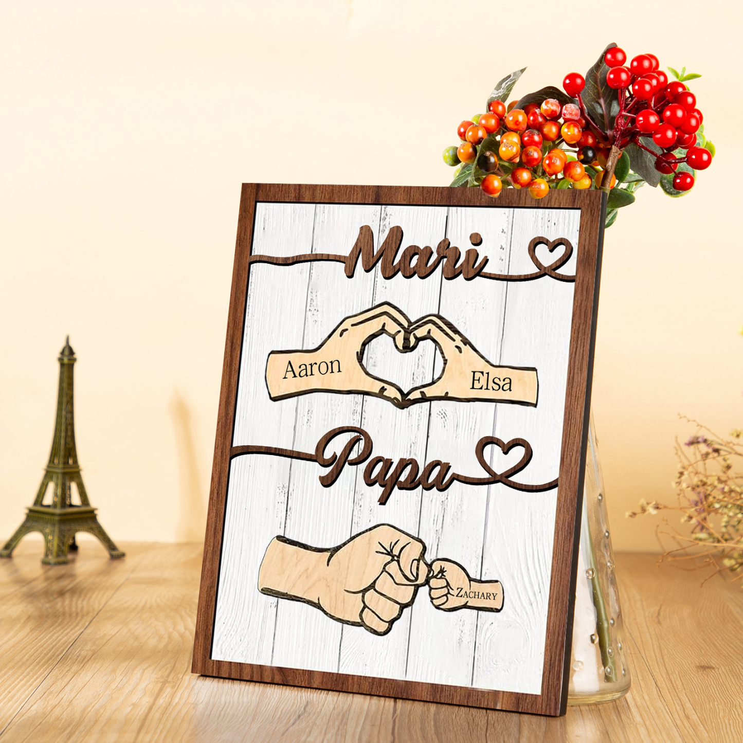 À mon Papa/Mari-Cadre en Bois Mains et Poings 3 Prénoms Personnalisés