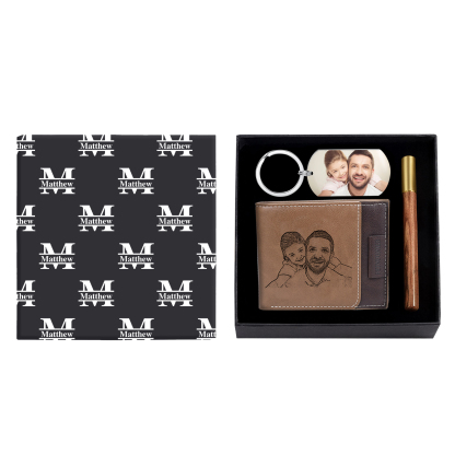 Coffret Cadeau 3PCS - Portefeuille classique Porte-Clés et Stylo 1 Prénom et Lettre Personnalisés avec 2 Photos et Textes Coffret Cadeau pour Homme