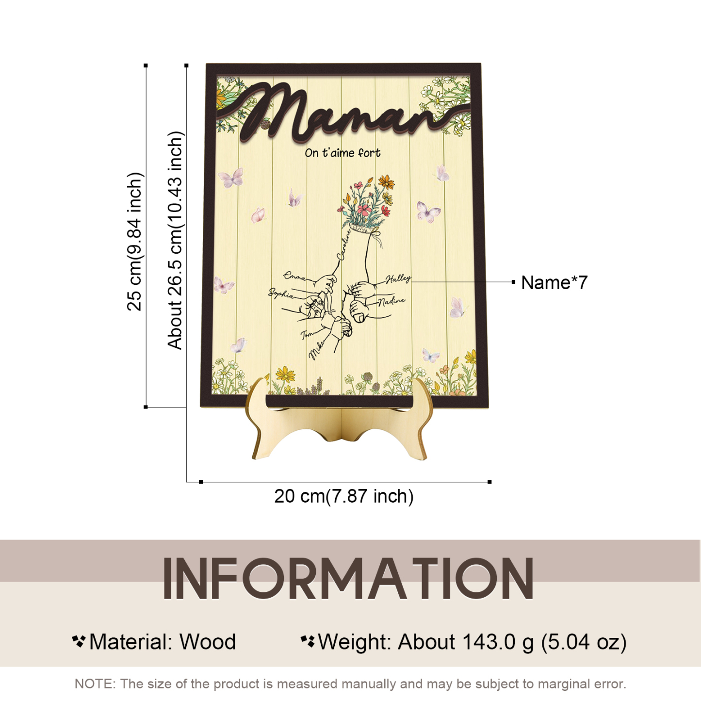 À Maman - Décoration en bois la Main dans la Main 7 Prénoms Personnalisés Ornement Famille
