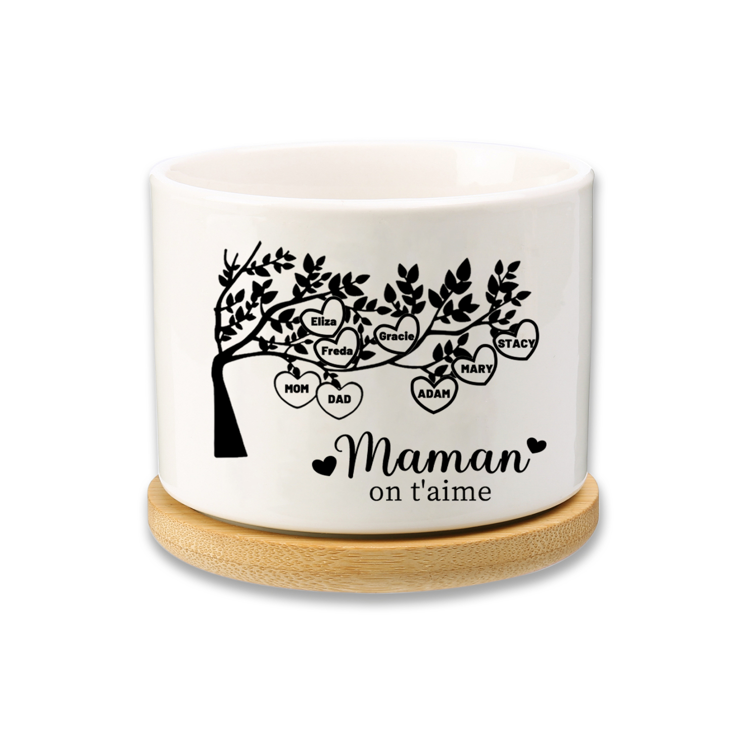 Vase/Pot de Fleurs Arbre de vie 8 Prénoms Personnalisés avec Texte Décoration de la Maison (sans plantes)