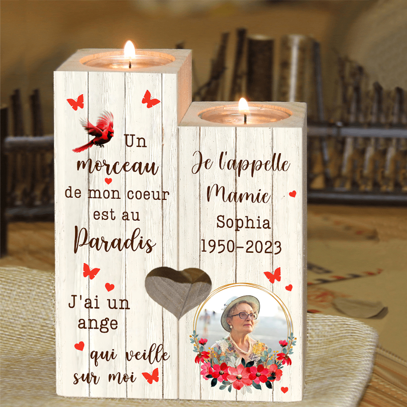 Bougeoir en Bois Commémoratif 1 Prénom et Photo Personnalisé avec Texte et Date sans bougie