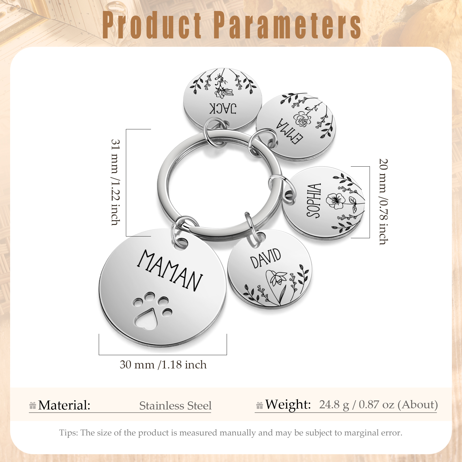 Porte-Clés patte 4 Prénoms et 1 Texte Personnalisés avec Fleur de Naissance
