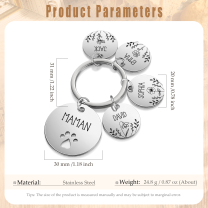 Porte-Clés patte 4 Prénoms et 1 Texte Personnalisés avec Fleur de Naissance