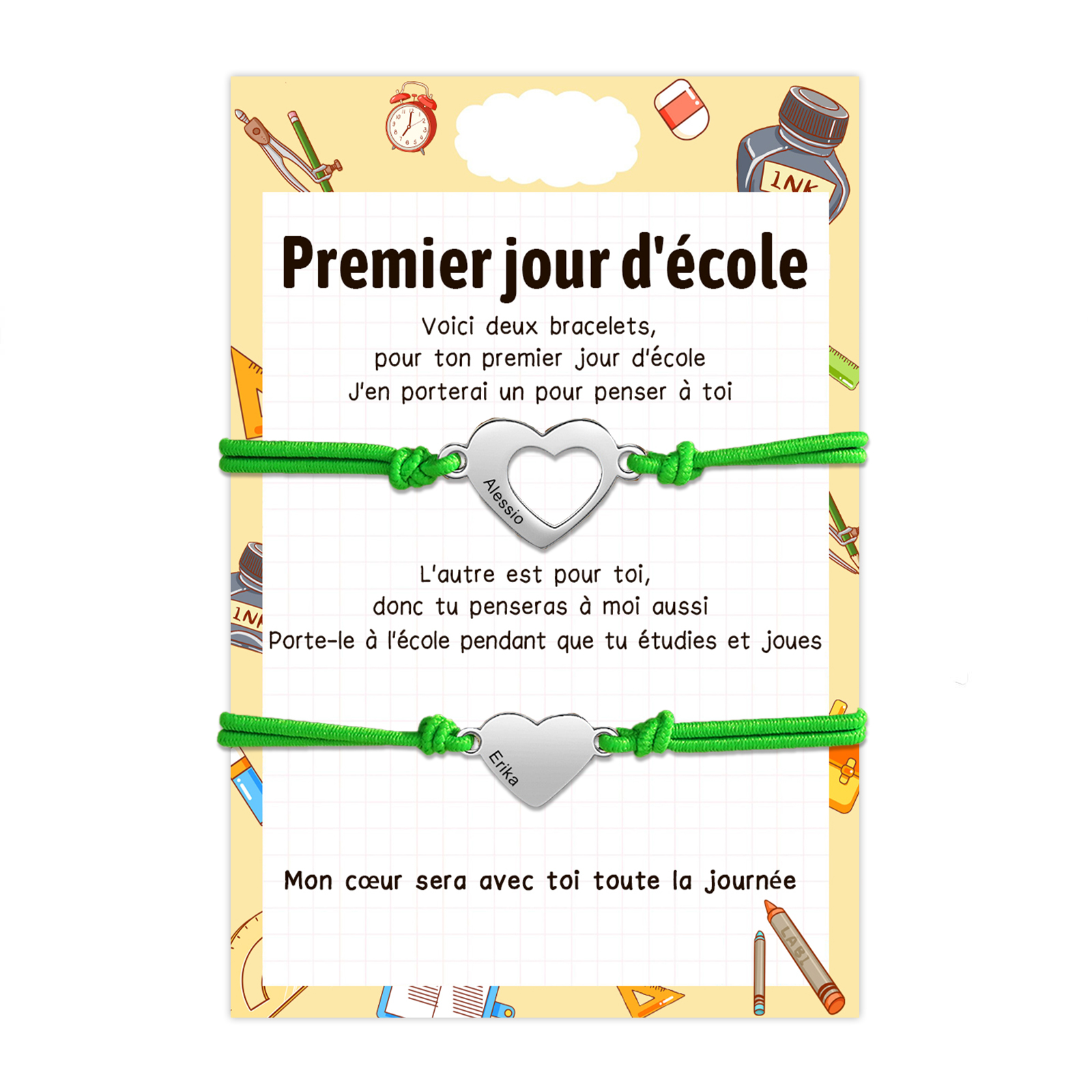 2PCS Bracelets Cœur 2 Prénoms Personnalisés Bracelet en Commun Cadeau Rentrée Scolaire｜Jessemade