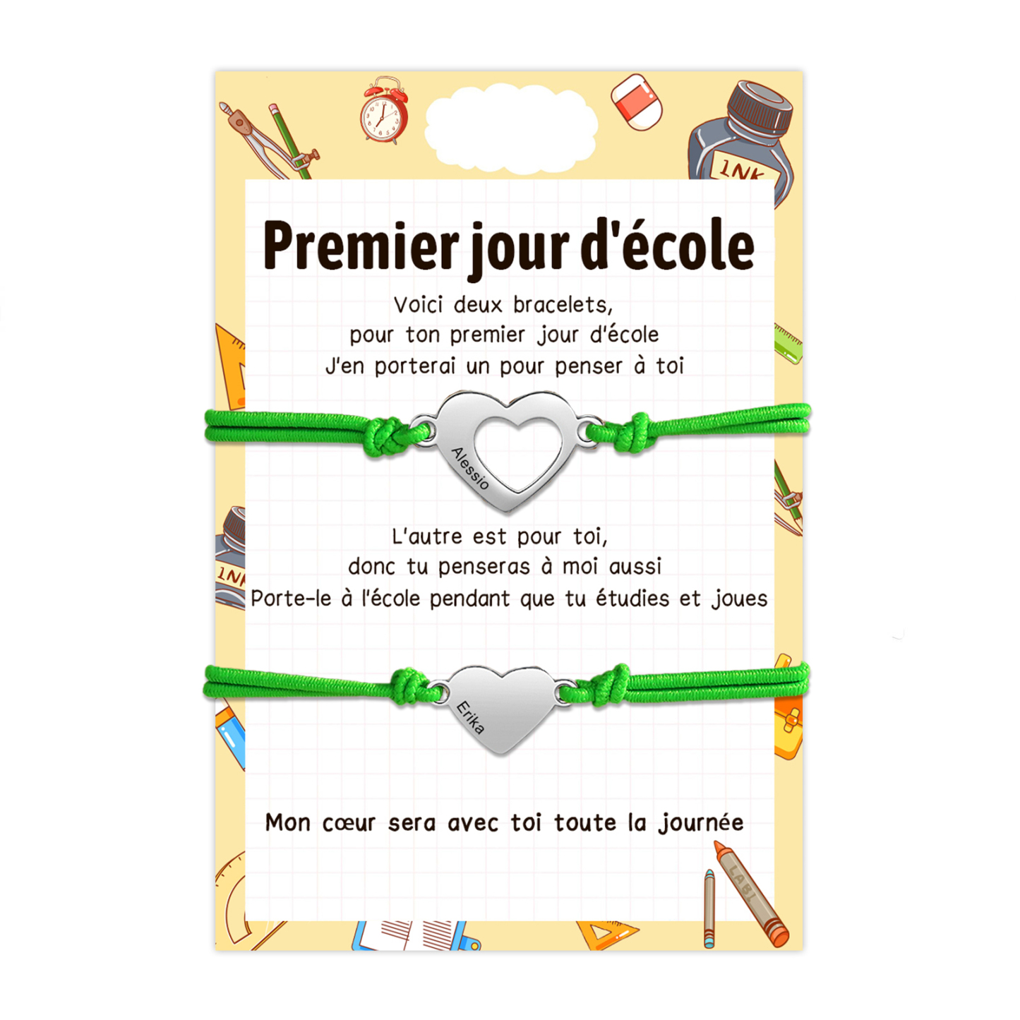 2PCS Bracelets Cœur 2 Prénoms Personnalisés Bracelet en Commun Cadeau Rentrée Scolaire｜Jessemade