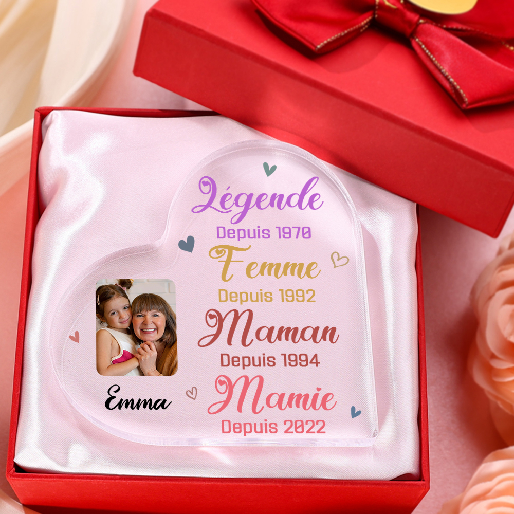 À ma Mamie - Plaque Acrylique en Forme de Cœur 1 Prénom et Photo  Personnalisés avec 4 Années
