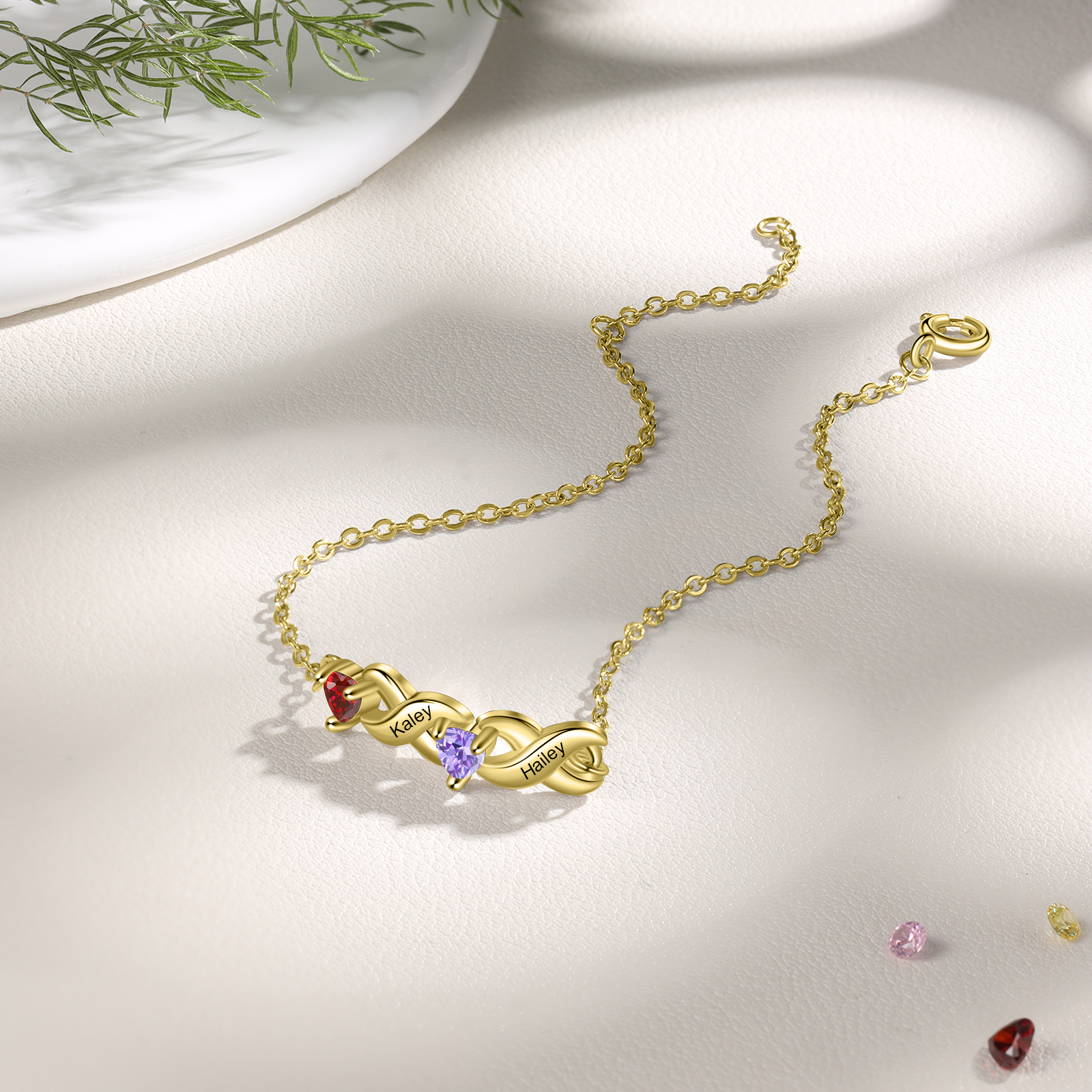 Bracelet à Breloque 2 Prénoms Personnalisé avec 2 Pierres de Naissance