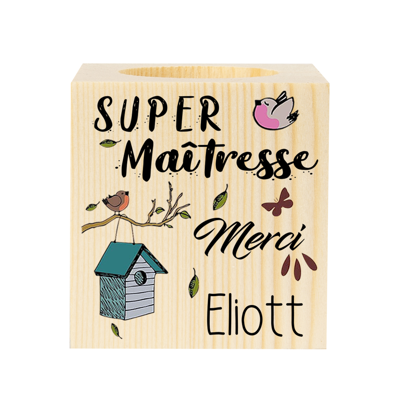« Super Maîtresse Merci »-Bougeoirs en Bois Prénom Personnalisé sans Bougie | Jessemade