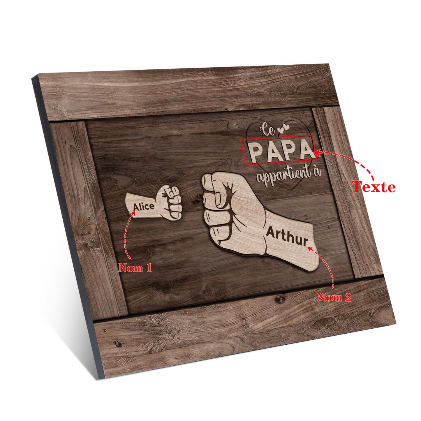 À Mon Papa/Papy-Cadre Imprimé en Bois Poings 2 Prénoms Personnalisés avec Texte