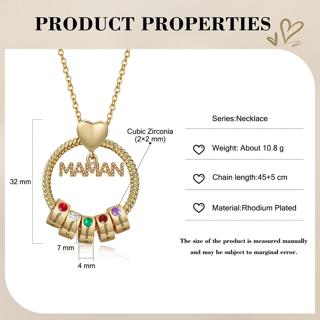 À ma Maman - Collier Pendentif 5 Prénoms Personnalisés avec Pierre de naissance