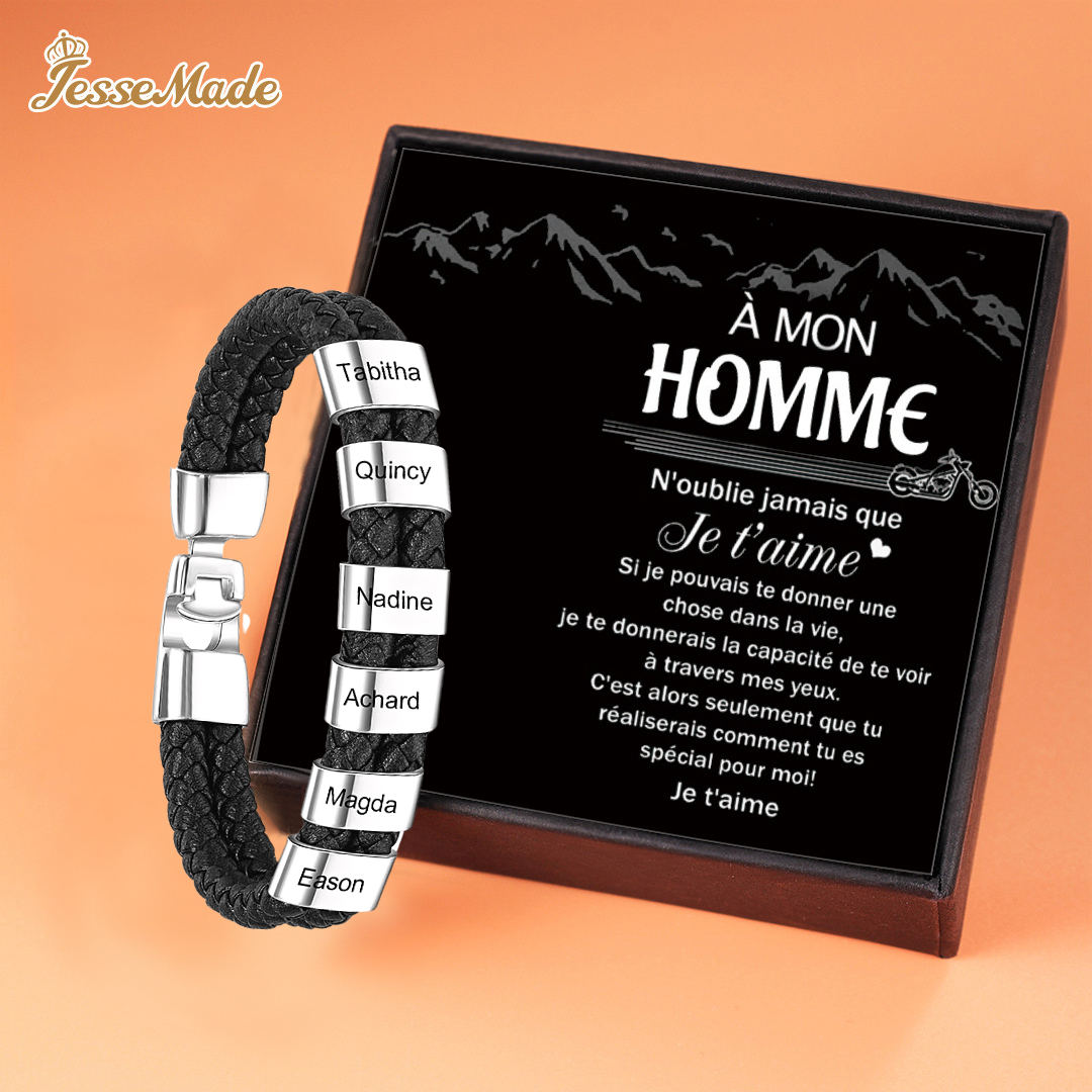 À mon homme - Bracelet en cuir tressé à perles personnalisé pour petit-ami / mari avec 6 prénoms gravés