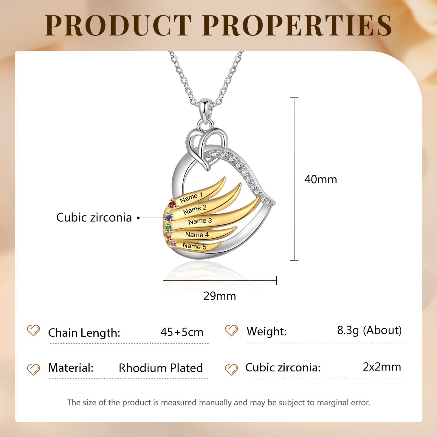 Collier Pendentif Cœur et Ailes Collier Personnalisé avec 5 Prénoms et Pierres de naissance pour Femme|Jessemade