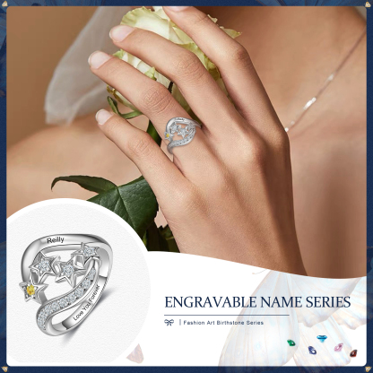 Bague étoilé 1 Prénom Personnalisé avec 1 Pierre de Naissance et texte en Argent 925