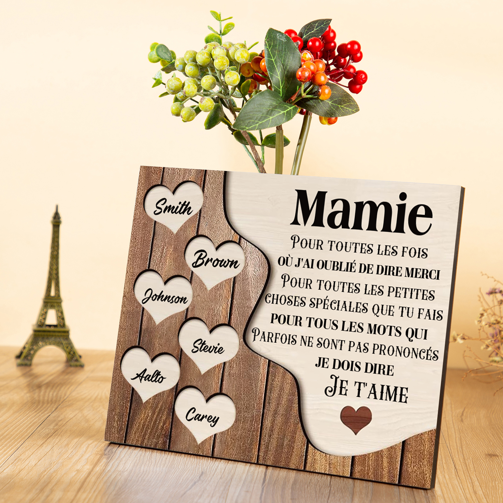 À ma Maman/Mamie - Cadre en Bois 6 Prénoms Personnalisés avec Texte Cadeau pour Famille