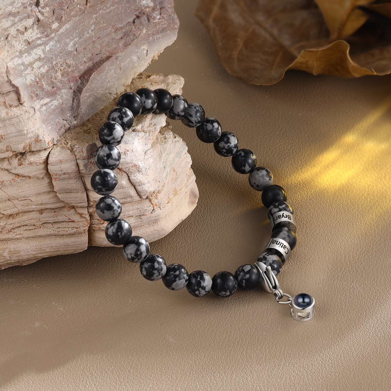 Bracelet en Malachite 2 Prénoms Personnalisés avec Photo Bracelet Photo Projection｜Jessemade