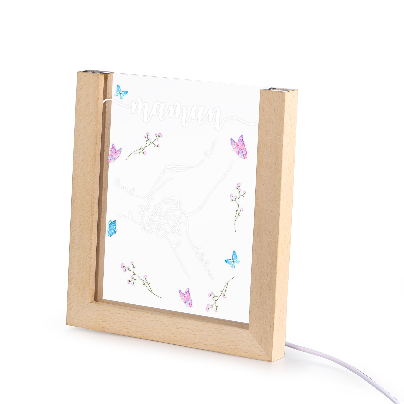 À Maman/Mamie - Lampe de chevet LED la Main dans la Main 3 Prénoms Personnalisés avec 1 Texte