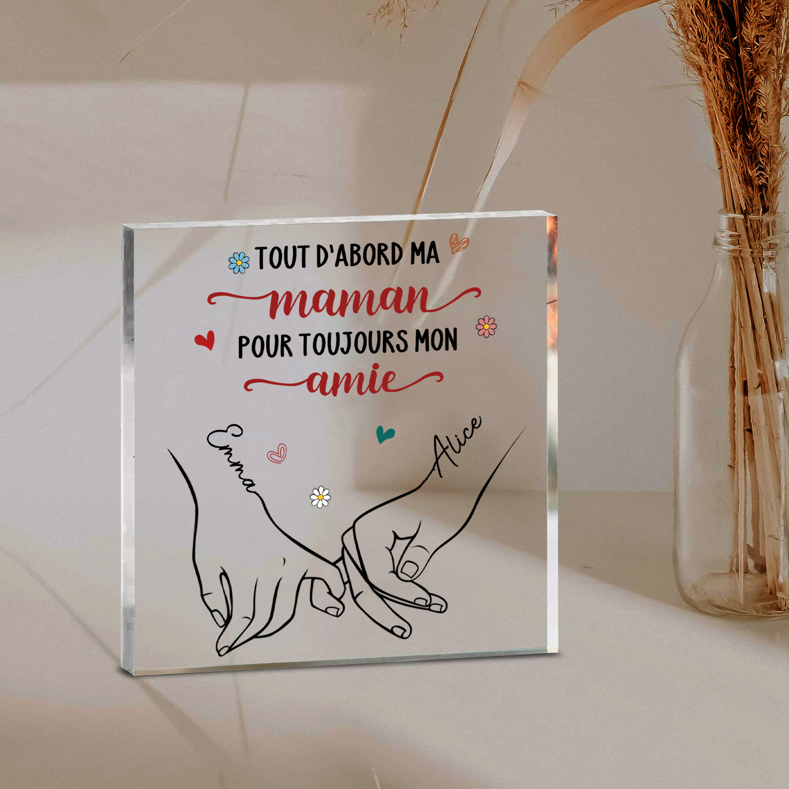 À ma Maman - Plaque Acrylique Carrée Promesse du petit doigt 2 Prénoms Personnalisés