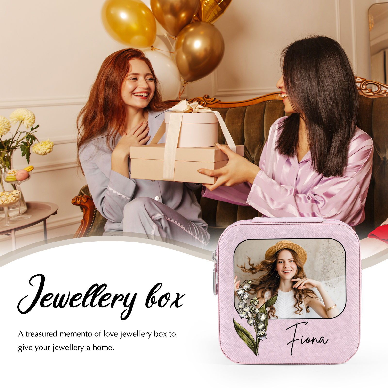 Boîte à Bijoux 1 Prénom et Photo Personnalisés avec Fleur de naissance