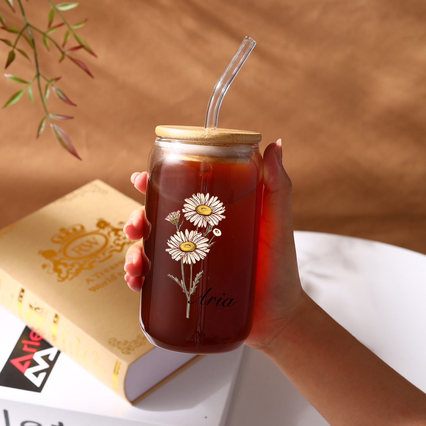 Tasse en Verre avec Paille Prénom Personnalisé avec Fleur de Naissance Cadeau de remise des Diplômes