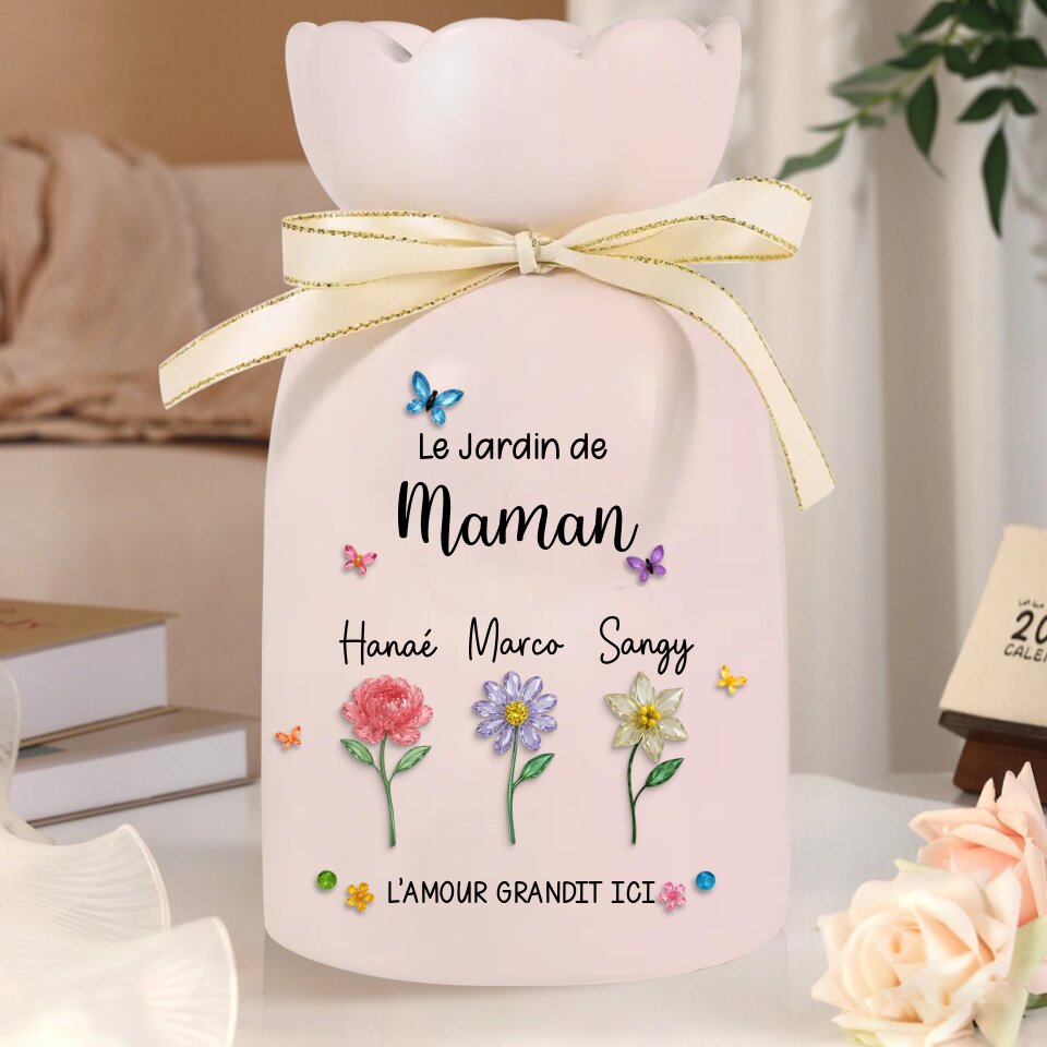 Vase Personnalisé « Le Jardin de Maman/Mamie » avec Prénoms & Fleurs des Enfants – Décoration Cadeau Fête des Mères/Grand-mères