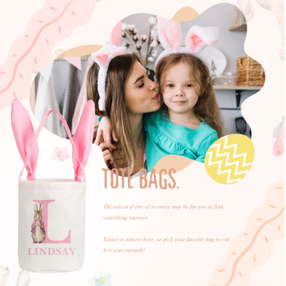 Sac de Pâques Lapin 1 Prénom et Lettre Personnalisés Tote Bag Enfant