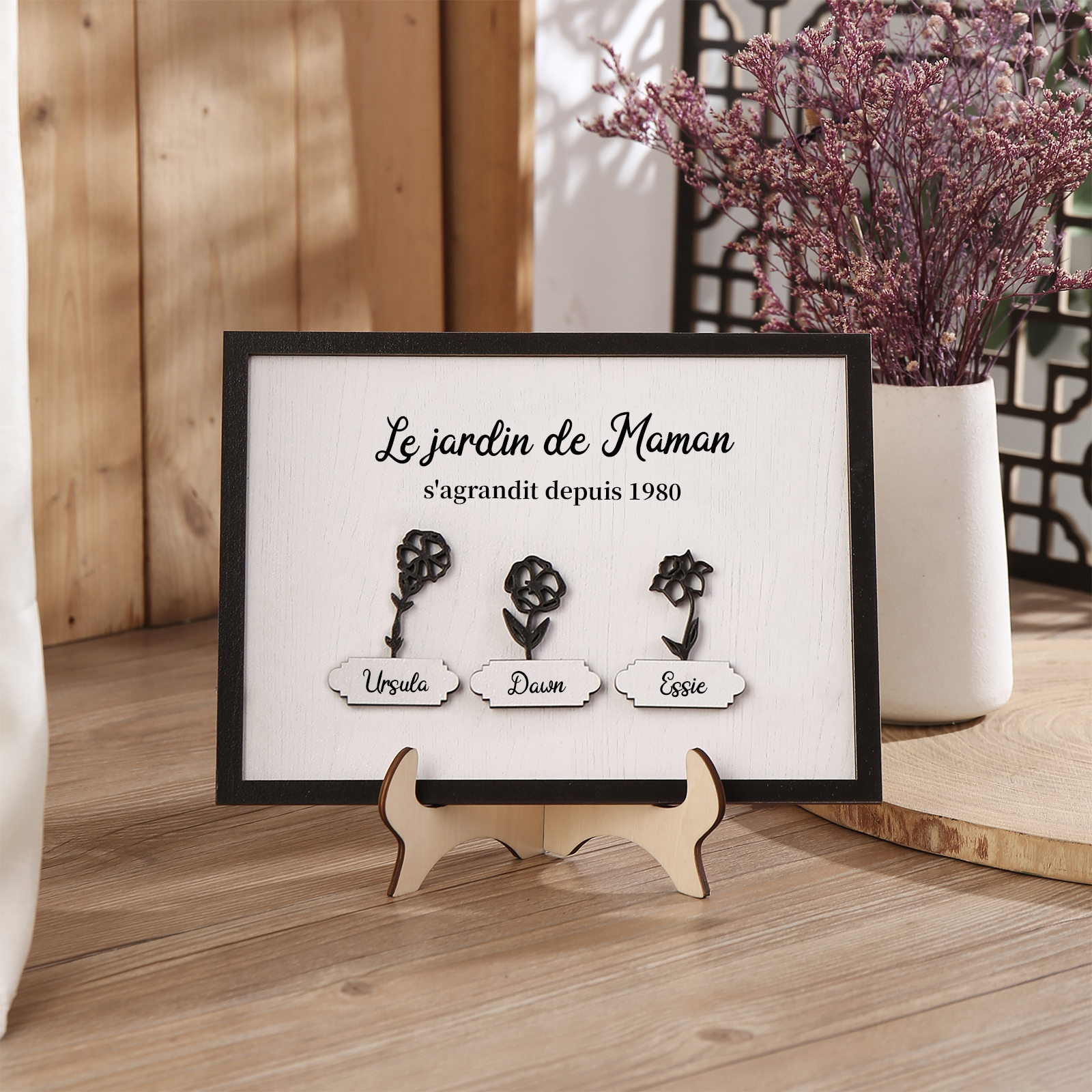 À ma Maman - Décoration en bois Fleurs 3 Prénoms Personnalisés avec Fleurs de naissance Ornement pour Famille