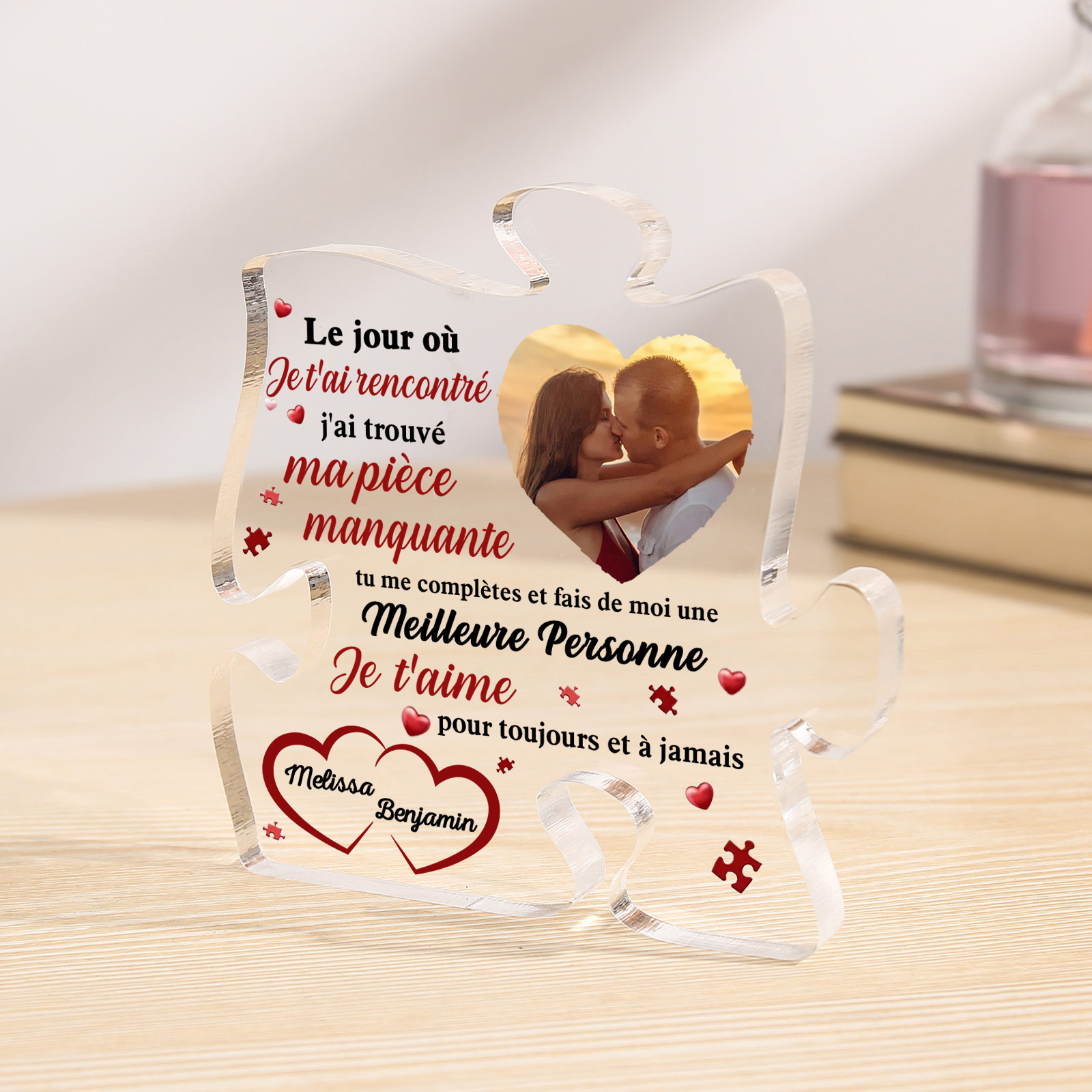 Plaque Acrylique en forme de Puzzle 2 Prénoms Personnalisés avec Photo pour Couple